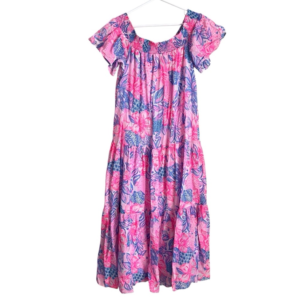 Lilly Pulitzer Dezi Off Shoulder Maxi Dress Pink Isle Snappy Turtle Preppy XL - Picture 2 of 10